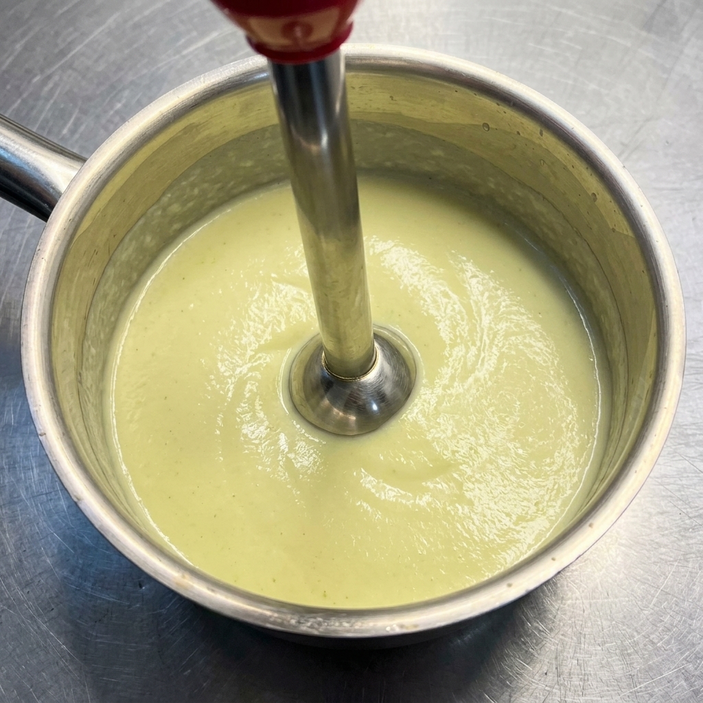 An immersion blender being used to blend a smooth, pale yellow cheese sauce in a stainless steel saucepan.