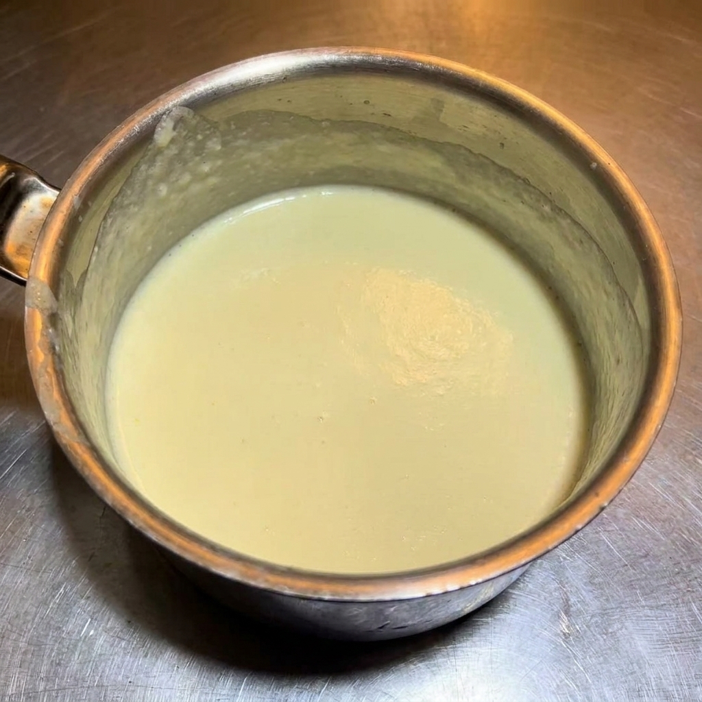 Grated parmesan cheese being poured into a saucepan filled with a smooth, warm white cheese sauce.