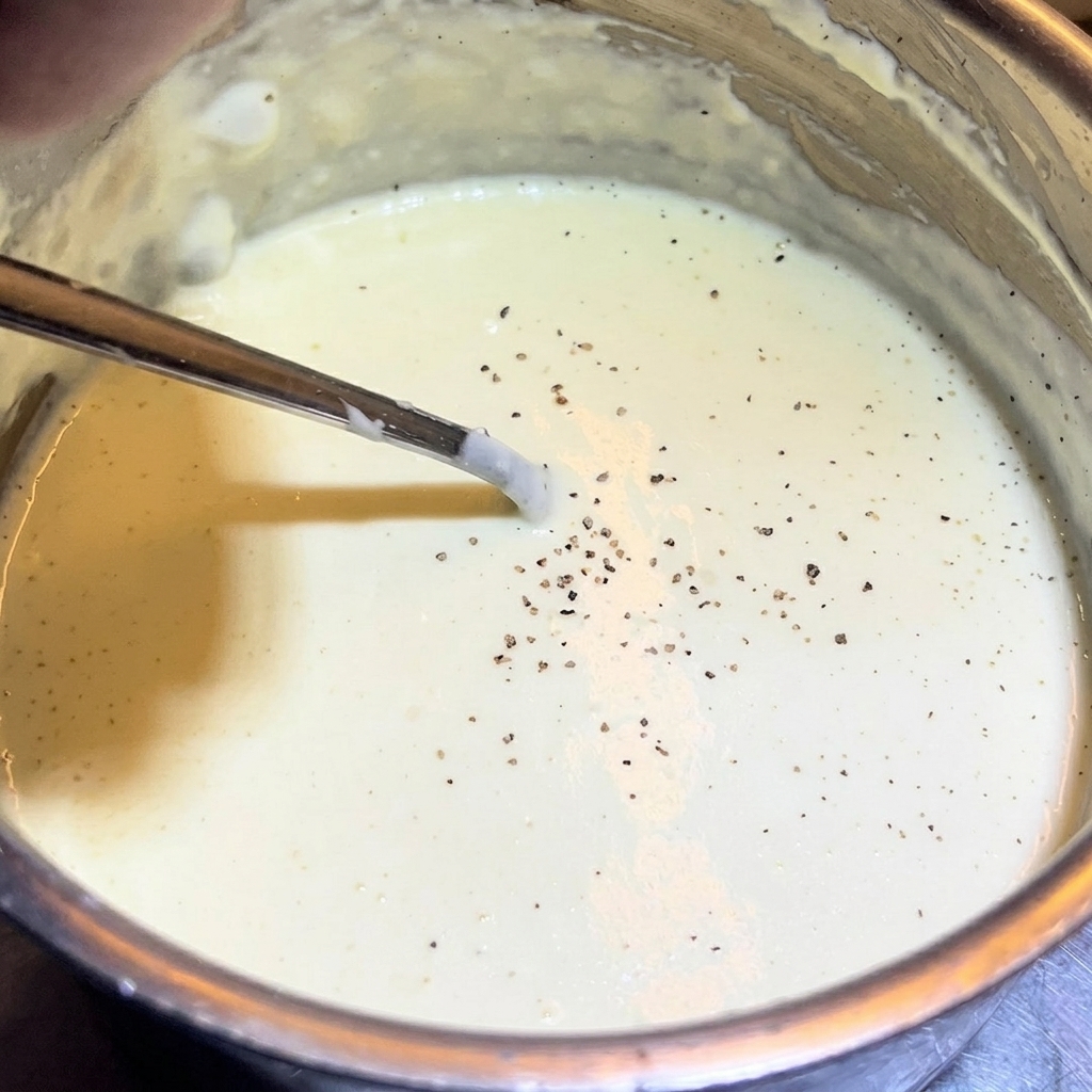 Freshly cracked black pepper scattered over the surface of a creamy, finished white pizza sauce in a saucepan.