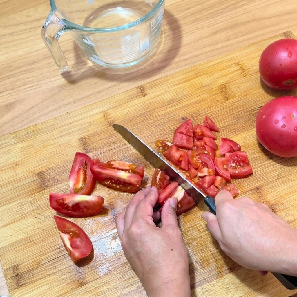 Hands carefully dicing a fresh red tomato on a wooden cutting board.