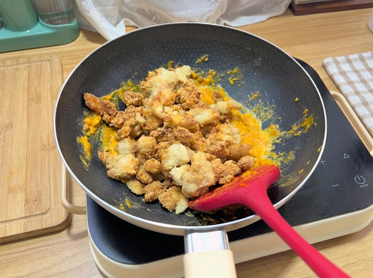 The popcorn chicken pieces becoming coated in the yellow salted egg yolk mixture in the pan.