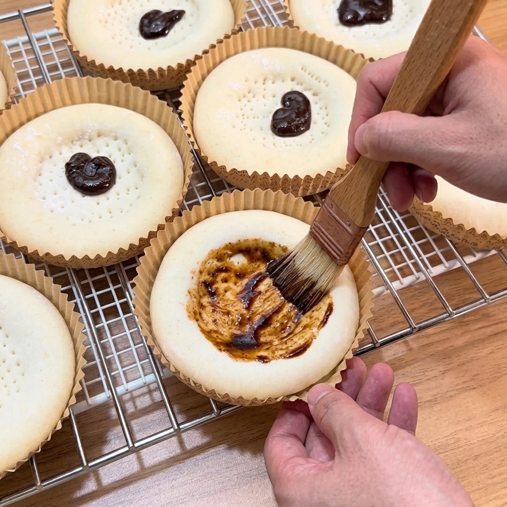Using a pastry brush to spread dark black pepper sauce onto a par-baked mini pizza crust.