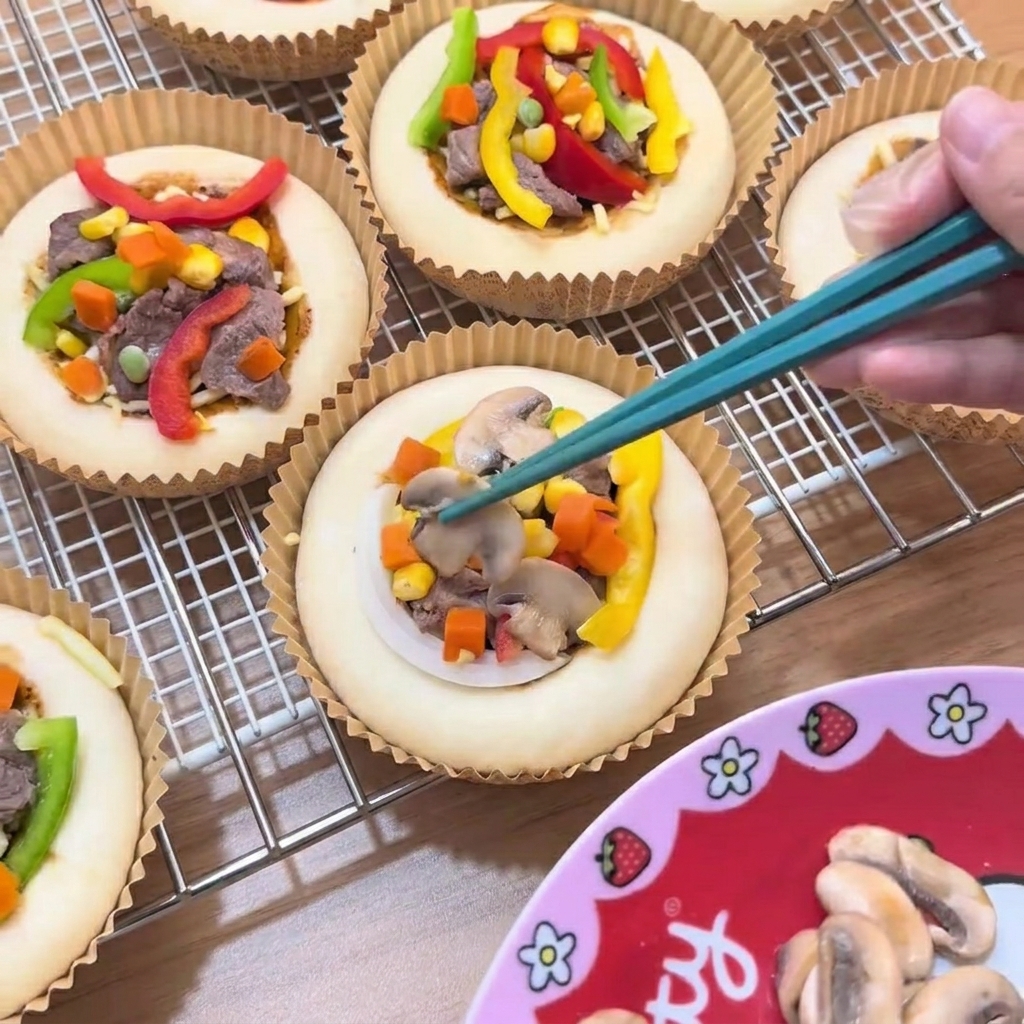 Using chopsticks to place sliced mushrooms onto a mini pizza topped with beef, bell peppers, corn, and peas.