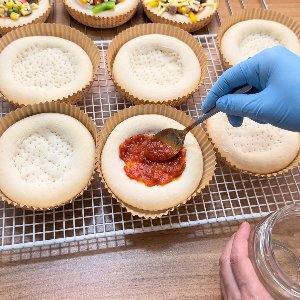 A gloved hand using a spoon to spread thick red tomato sauce onto a par-baked mini pizza crust.