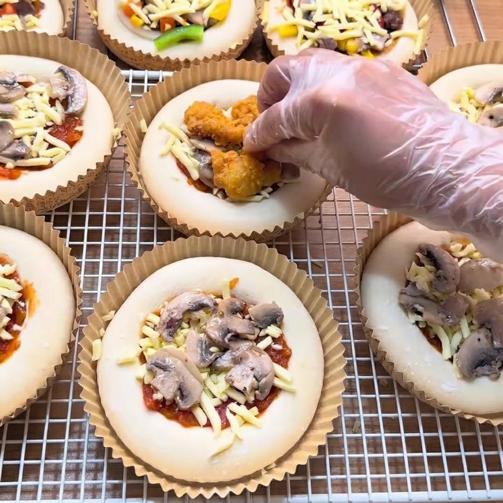 A gloved hand placing pieces of golden popcorn chicken onto a mini pizza over a bed of cheese and mushrooms.