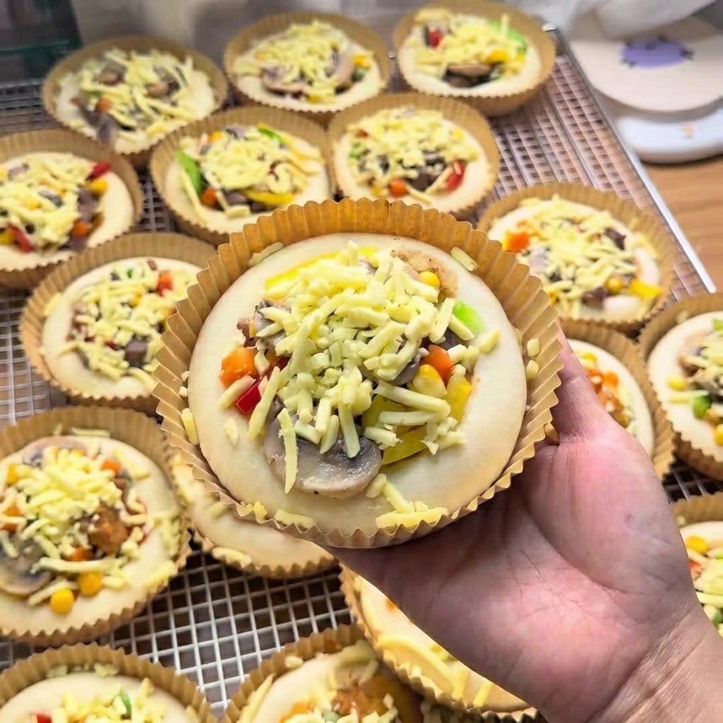 A hand holding a fully assembled mini pizza in a paper tray, generously topped with shredded cheese over various ingredients.