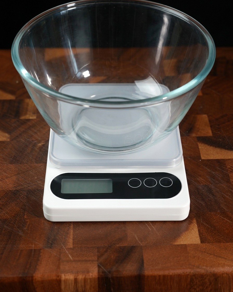 A digital kitchen scale displaying the measurement for flour in a glass bowl.