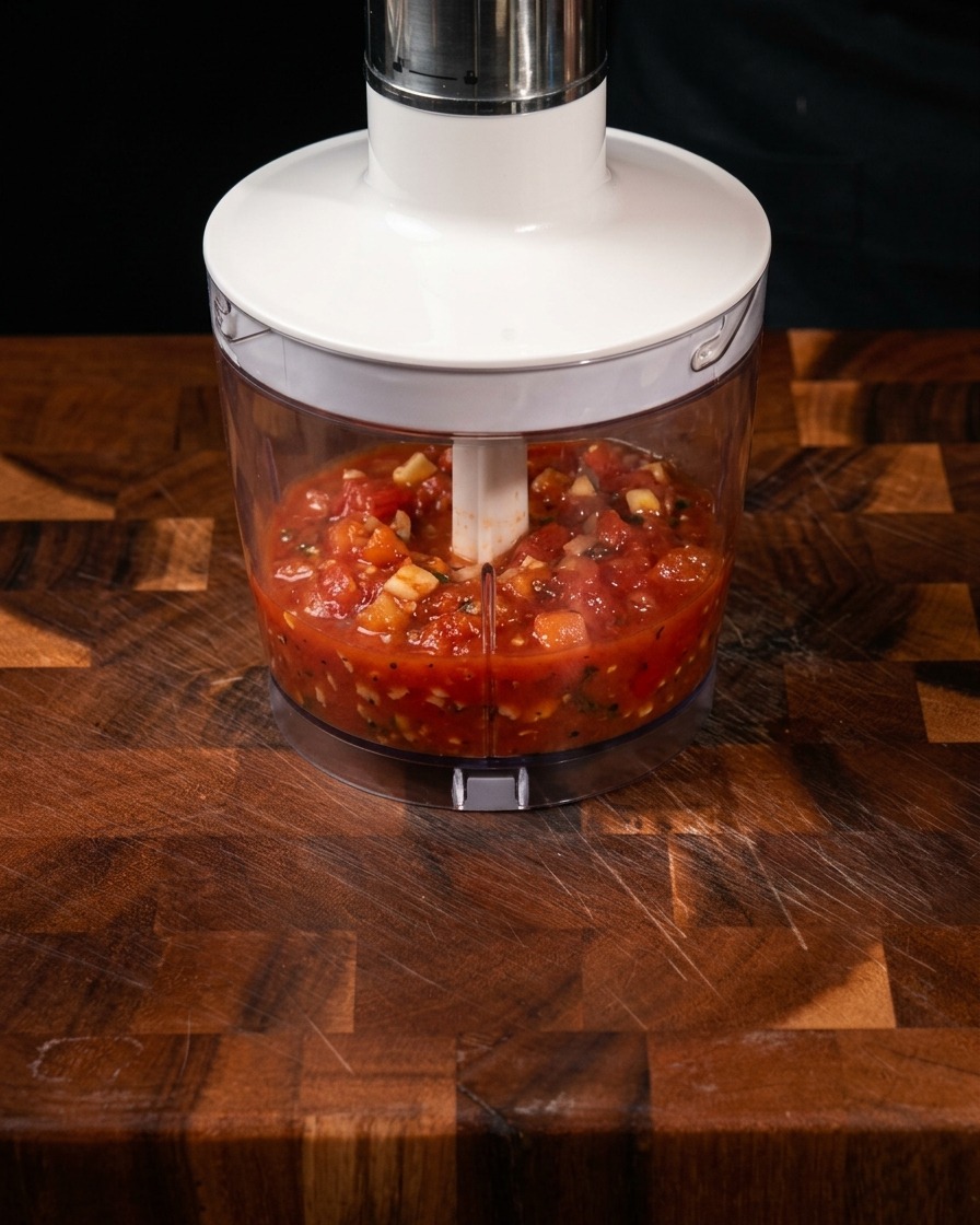 Smooth red tomato sauce inside a food processor bowl after blending.