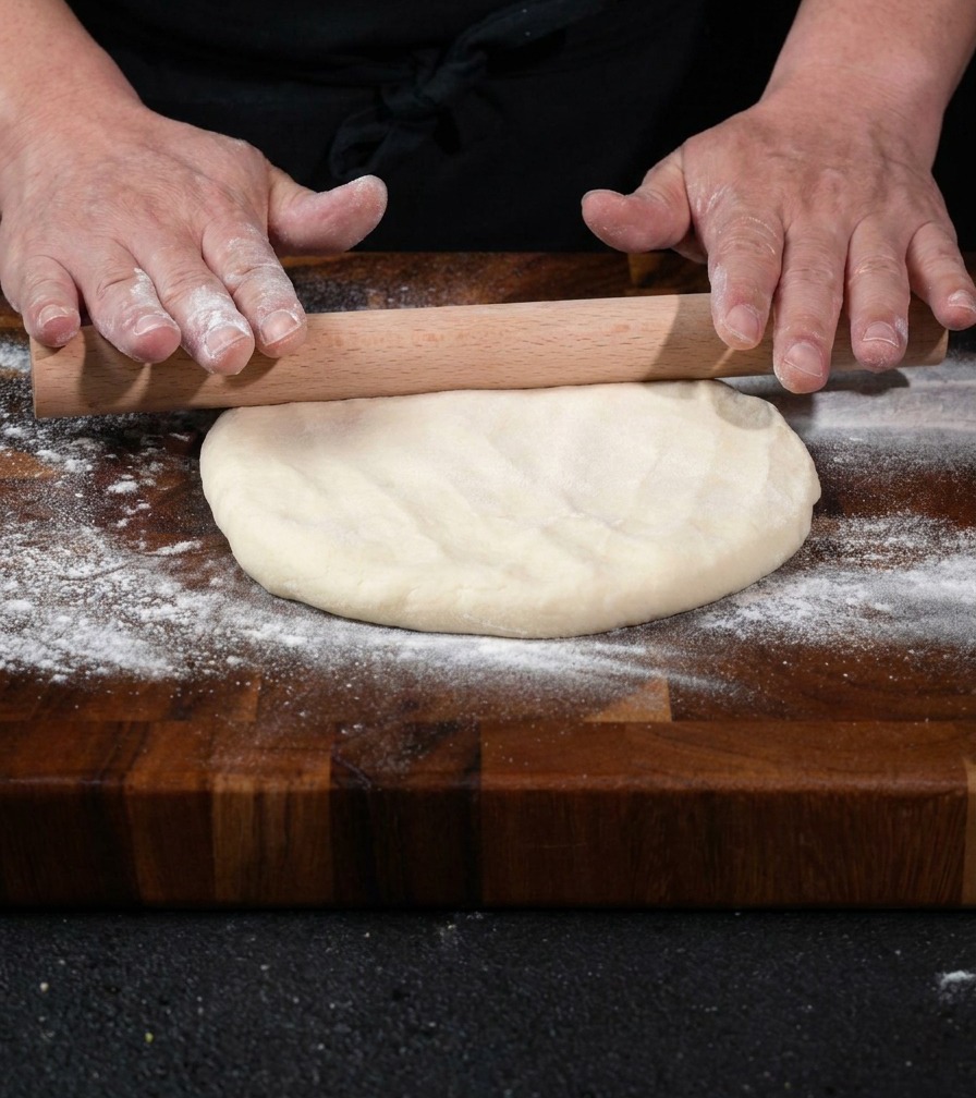 A round piece of pizza dough being shaped with a wooden rolling pin on a wooden cutting board.