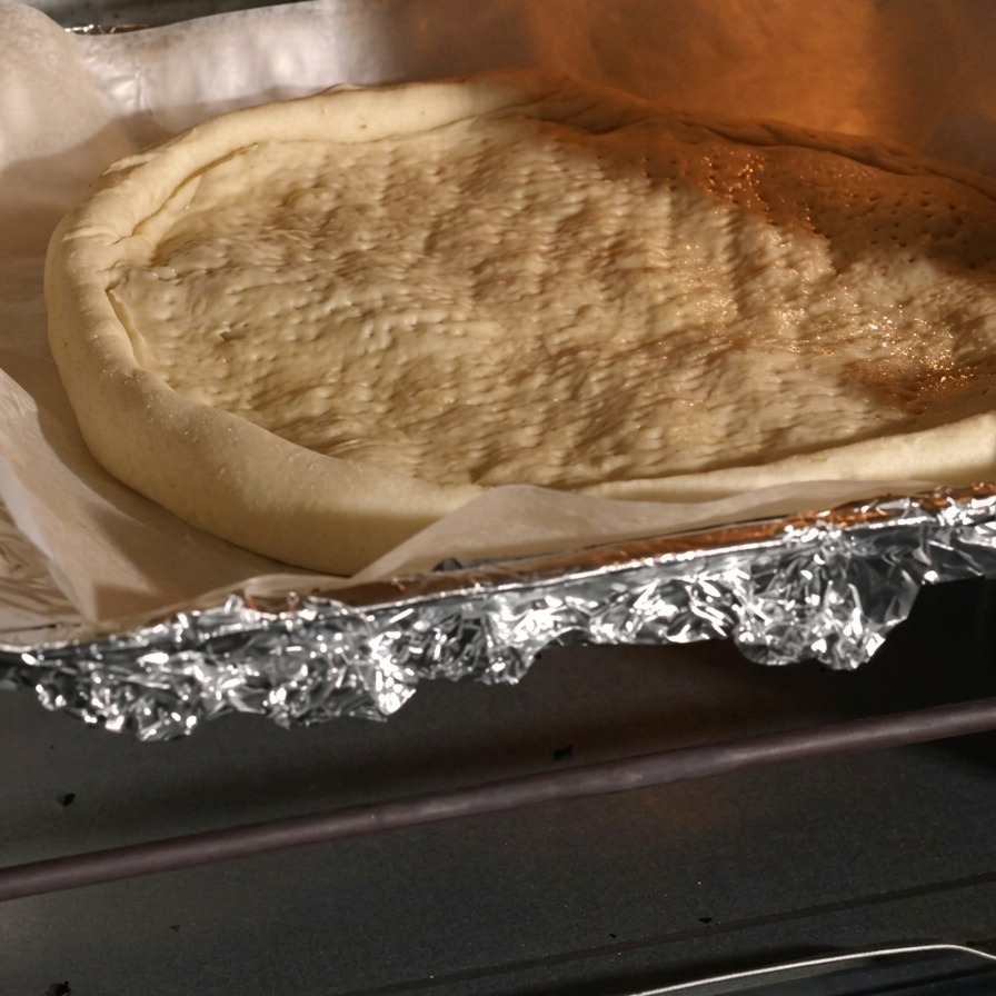 Pizza crust pre-baked and ready to be topped, sitting on parchment paper.