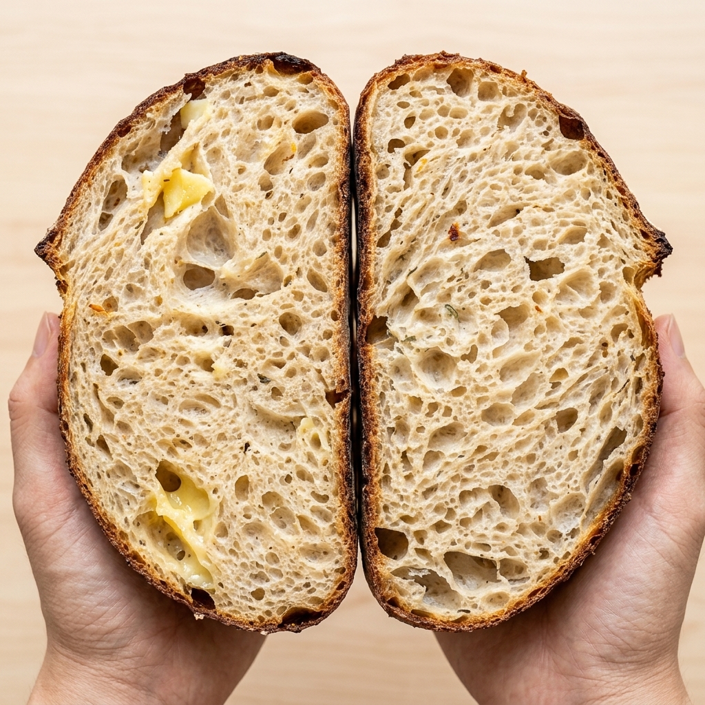 Close-up of hands stretching a piece of raw dough to reveal a thin, elastic windowpane structure.