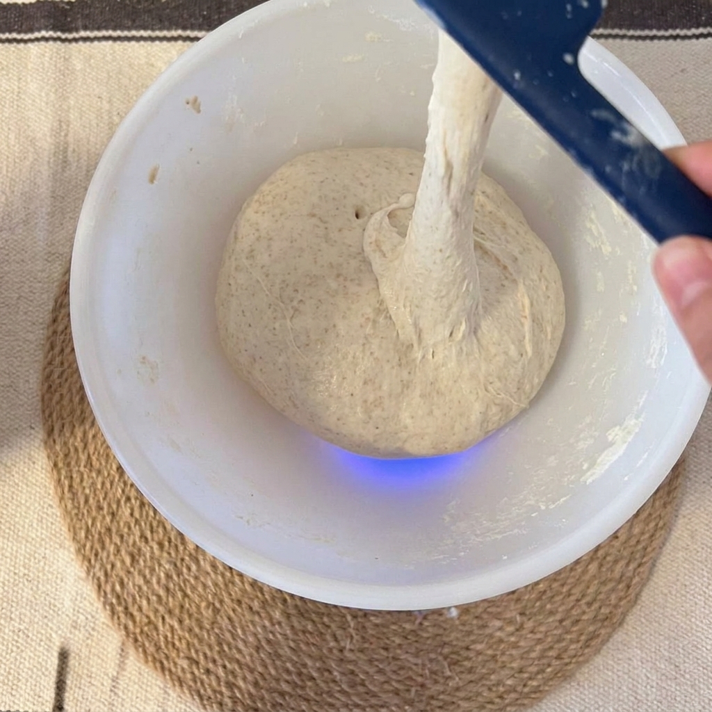 Sourdough starter, salt, and water being poured into a white mixing bowl containing the raw dough.