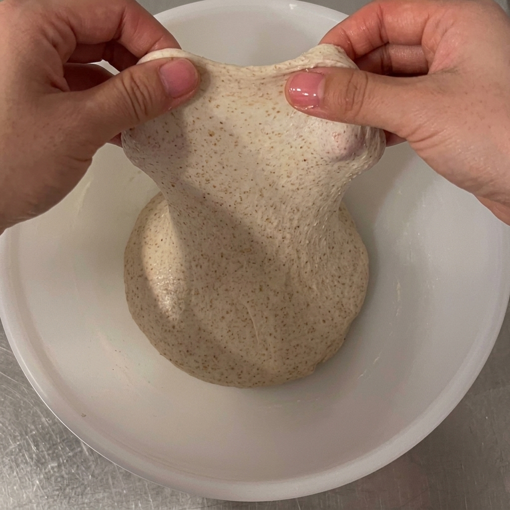 Hands pulling up a portion of the raw dough to showcase its strong and elastic gluten windowpane.