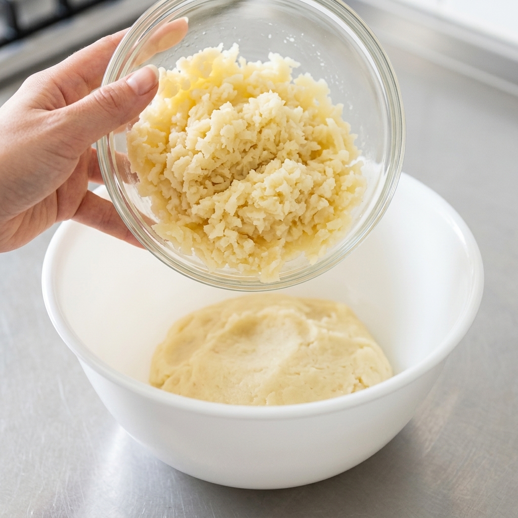 Mashed potatoes and fresh rosemary needles being added to the raw dough in a mixing bowl.