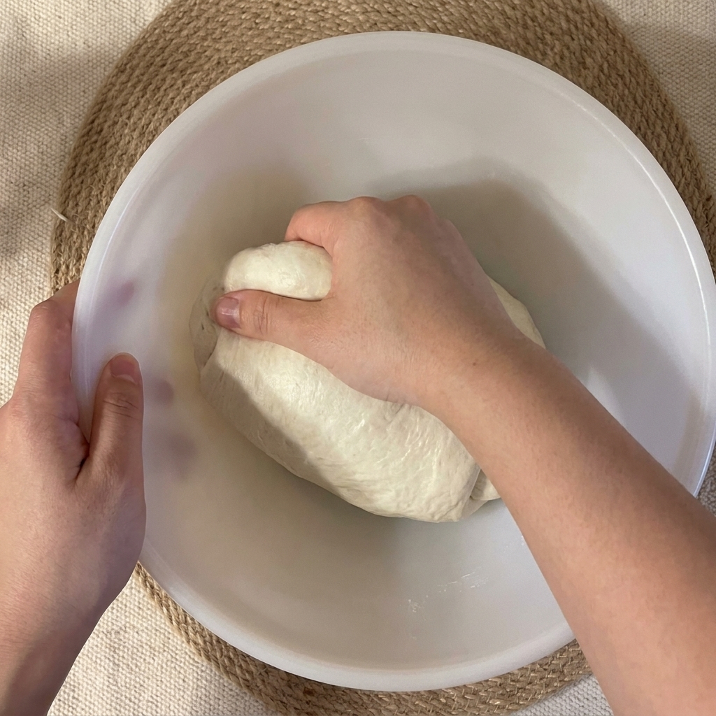 Close-up of hands performing a stretch and fold technique on raw dough inside a white bowl.