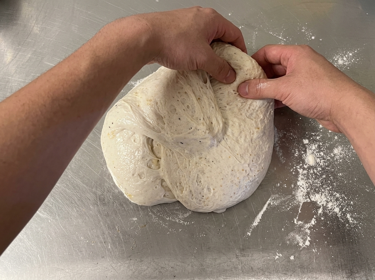 Hands folding the corners of the dough into the center on a floured work surface.
