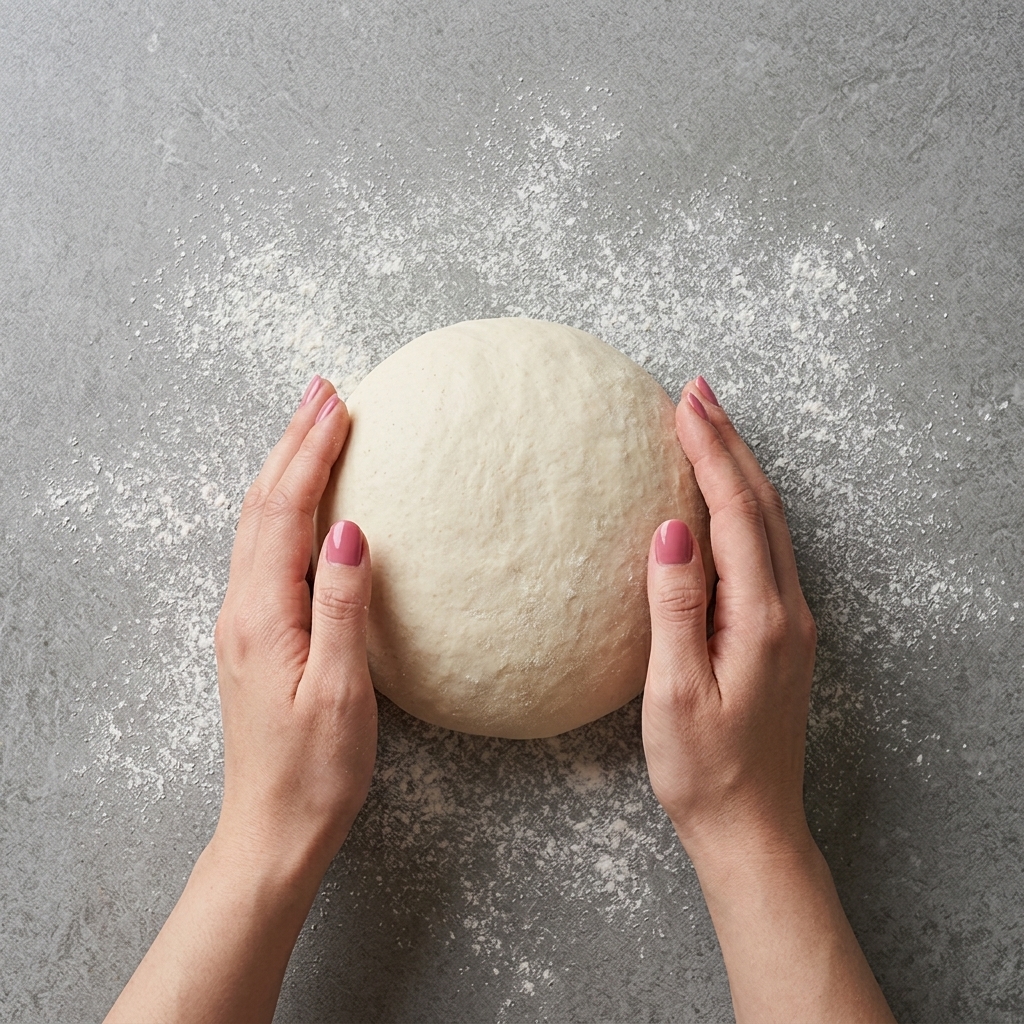 Shaped dough being lowered into a circular banneton basket lined with a linen cloth.