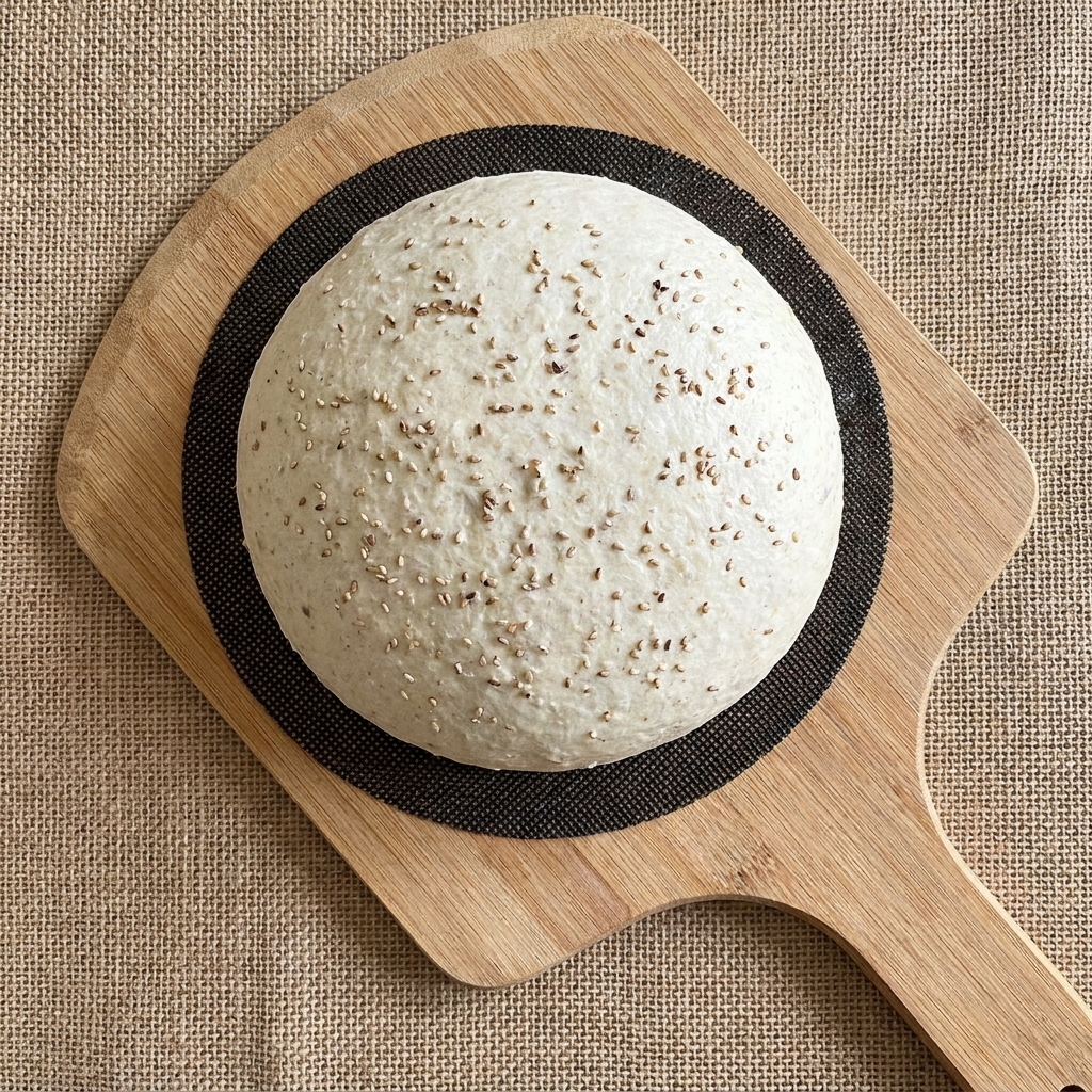 A close-up of a rounded sourdough dough being scored with a razor blade, creating a clean opening line.