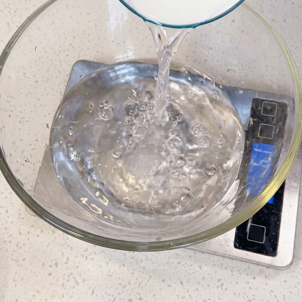 Ingredients for dough being measured and added to a mixing bowl.