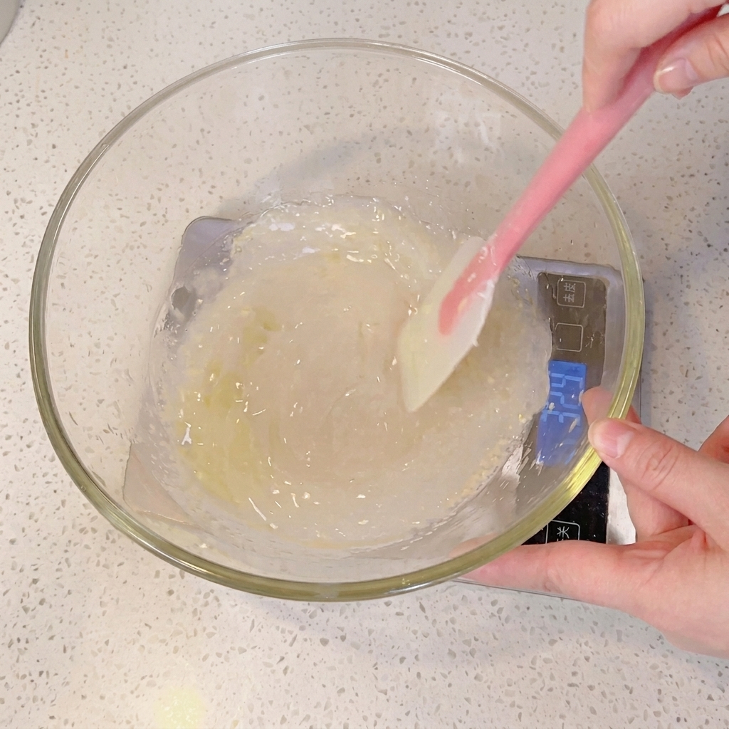 A spatula mixing dough ingredients in a glass bowl.