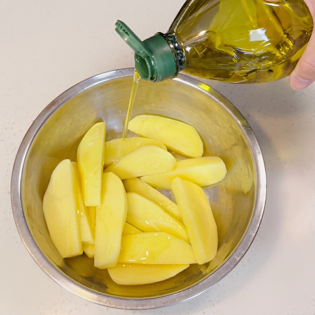 Olive oil being poured over potato wedges in a bowl.