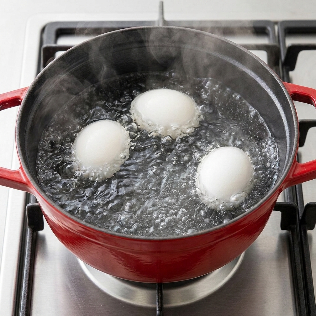 Three eggs boiling in a red pot on the stove.