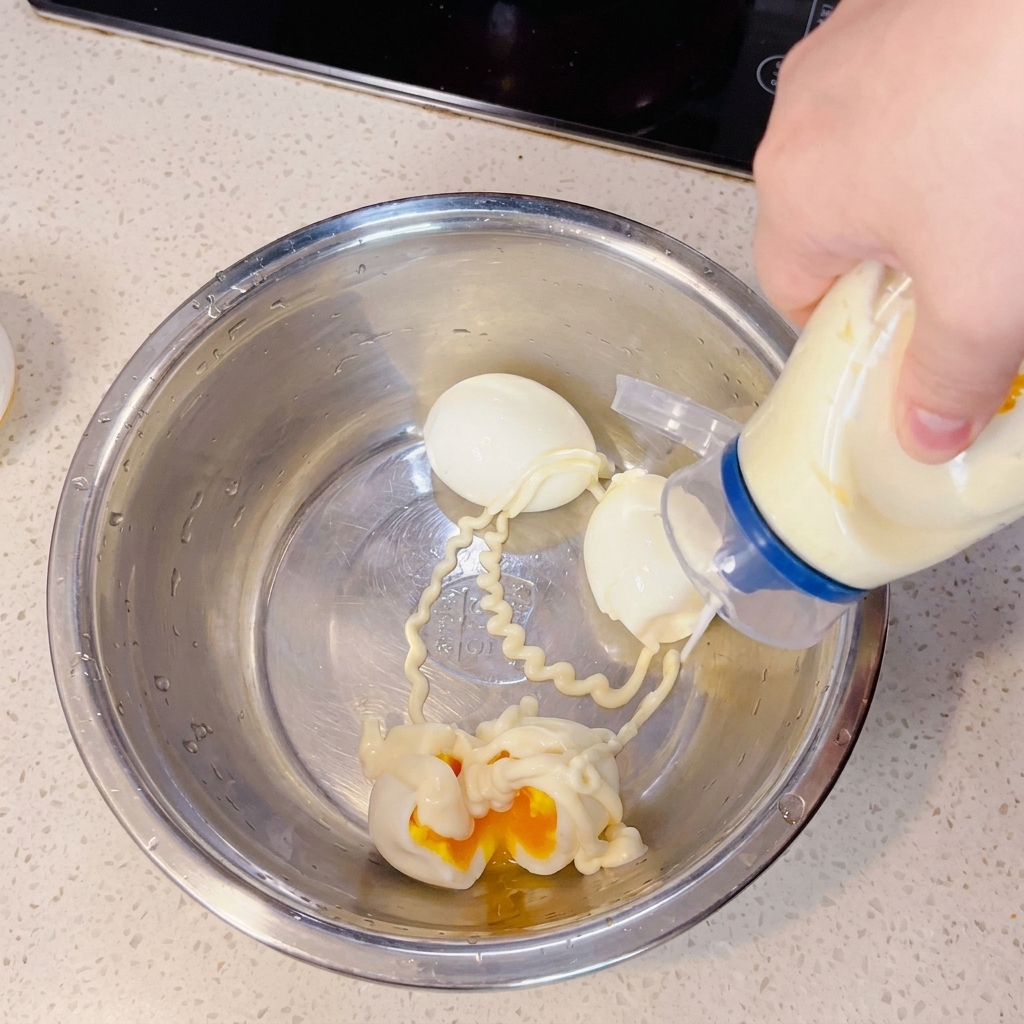 A close-up view of boiled eggs being mashed with mayonnaise in a stainless steel bowl.