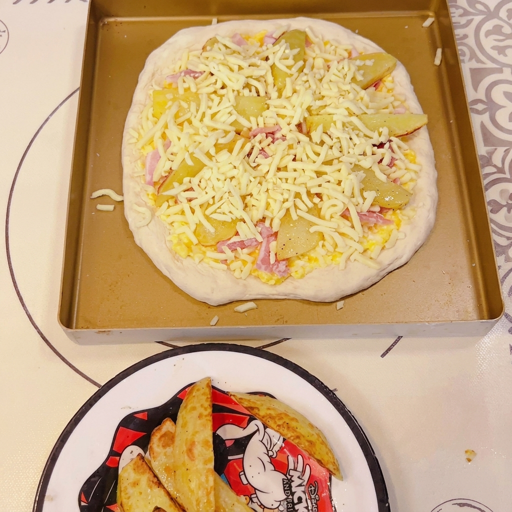 A round piece of flat dough on a baking tray being pricked with a fork to create holes.