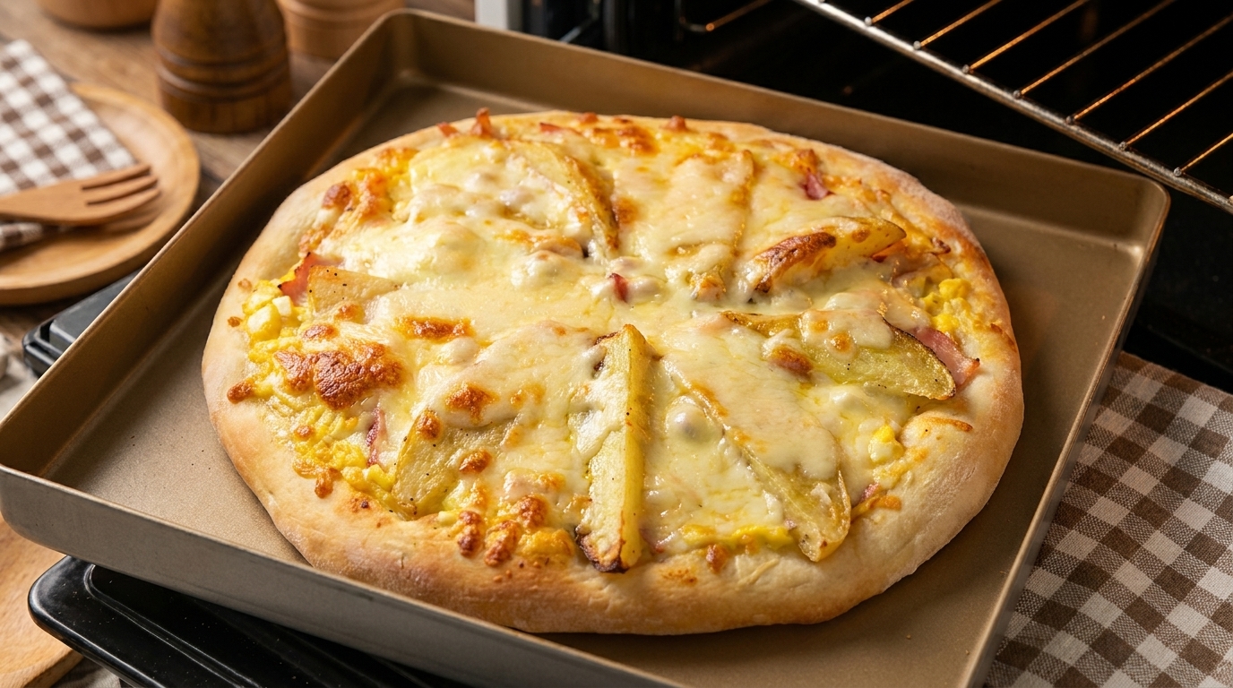 A freshly baked potato wedge pizza with melted cheese, savory ham, and a creamy egg salad base.