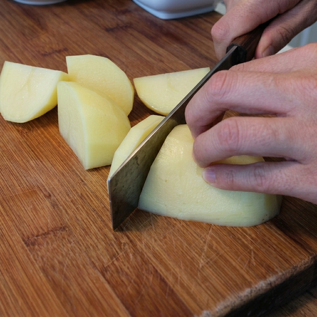 A hand using a knife to cut raw peeled potatoes into chunks on a wooden cutting board.