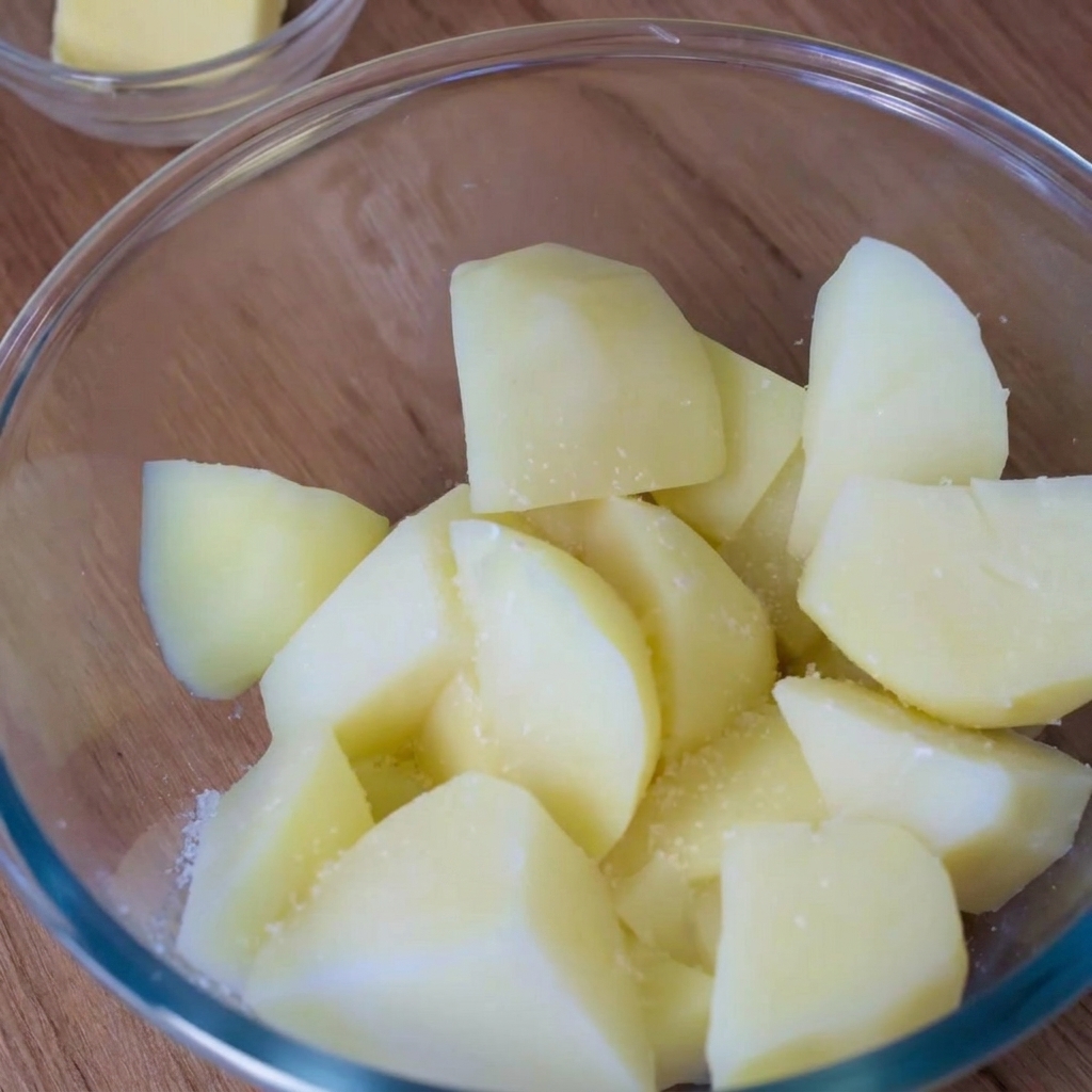 Boiled potato chunks in a glass bowl being lightly dusted with white seasoning powder.