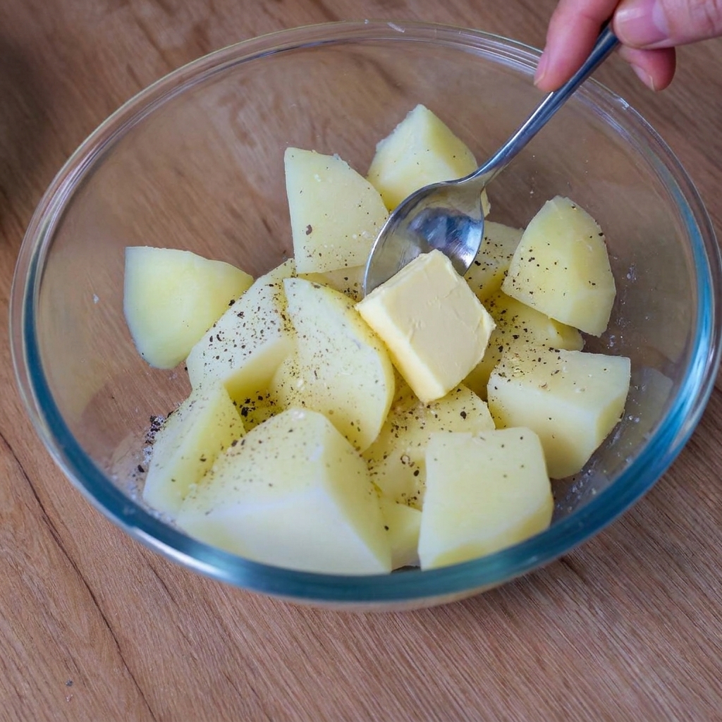 A spoon placing a square of butter onto seasoned cooked potato chunks in a glass mixing bowl.