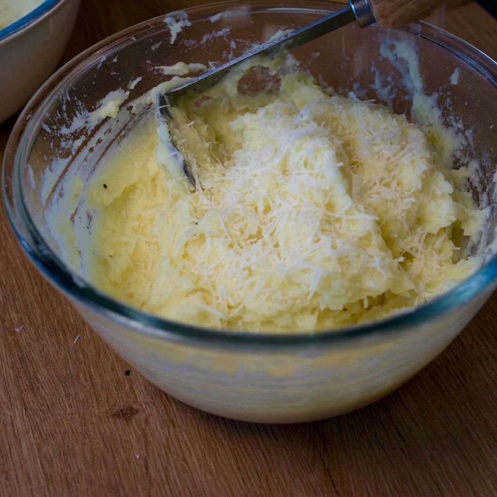 Grated Parmesan cheese generously sprinkled over creamy mashed potatoes in a glass bowl.