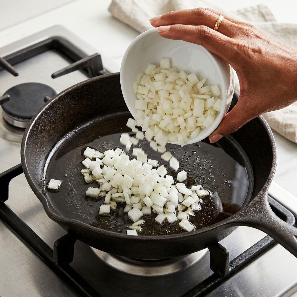 A hand pouring diced white onions from a white bowl into a cast-iron skillet with heated olive oil.