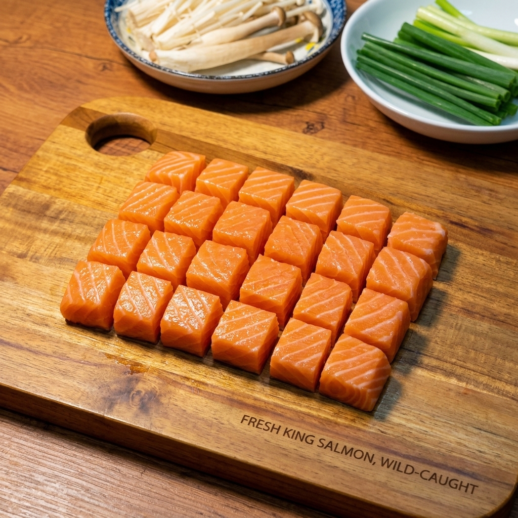 Fresh, bright orange raw salmon cut into uniform cubes resting on a wooden cutting board.