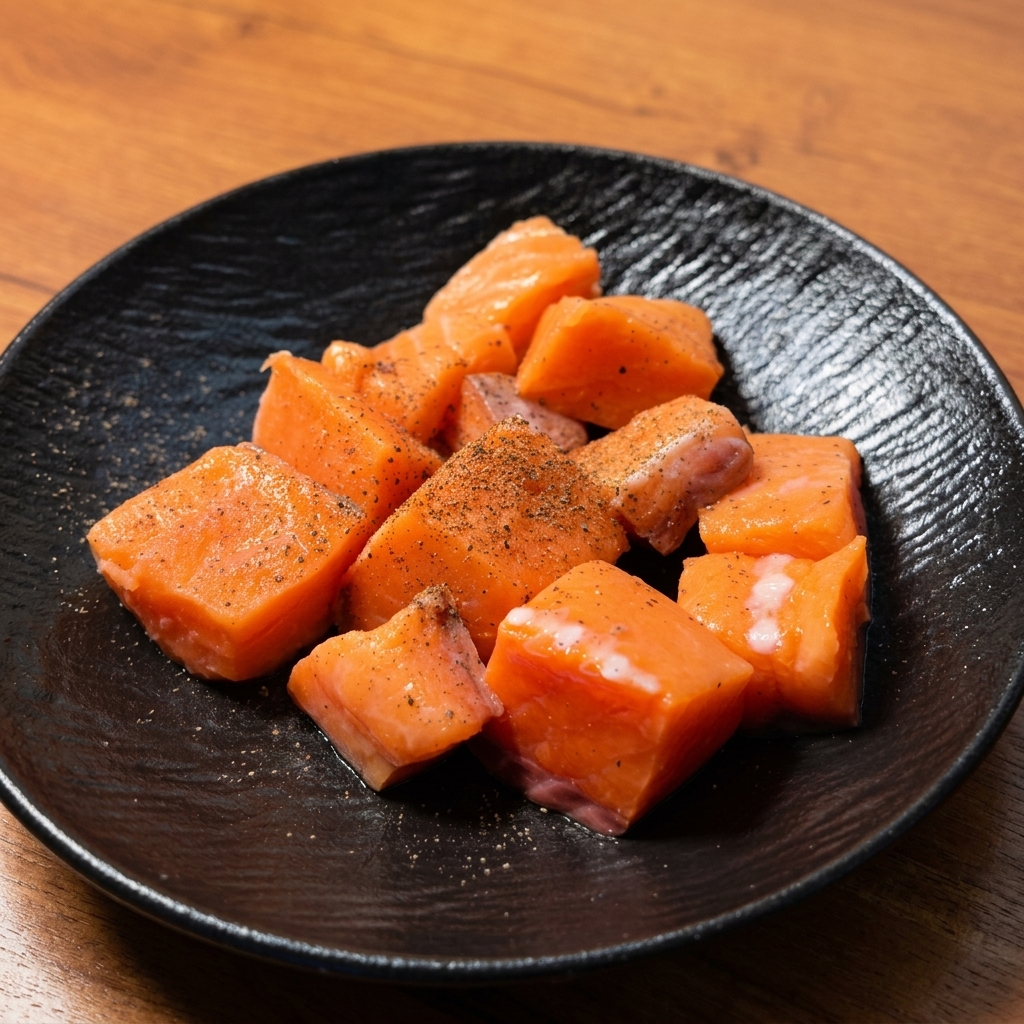 Diced raw salmon chunks generously speckled with ground black pepper on a dark textured plate.