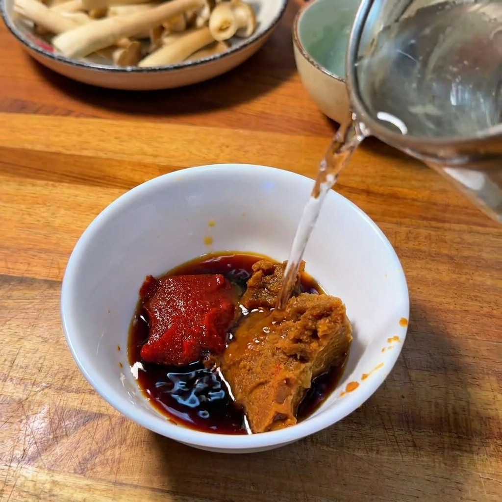 Pouring clear water into a white bowl containing dollops of red chili paste, brown miso, and dark soy sauce.