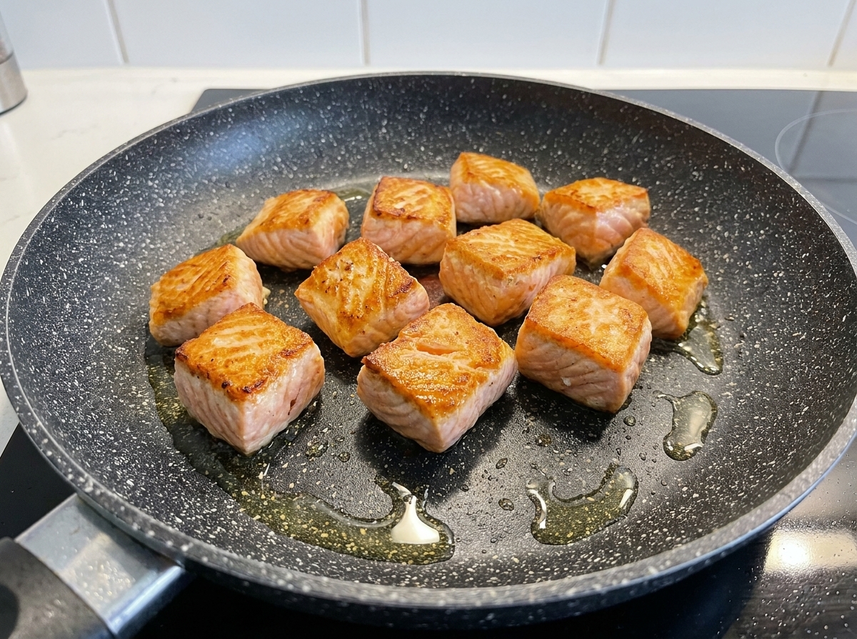 Cubes of salmon sizzling in a hot frying pan with cooking oil, developing a golden-brown cooked crust.