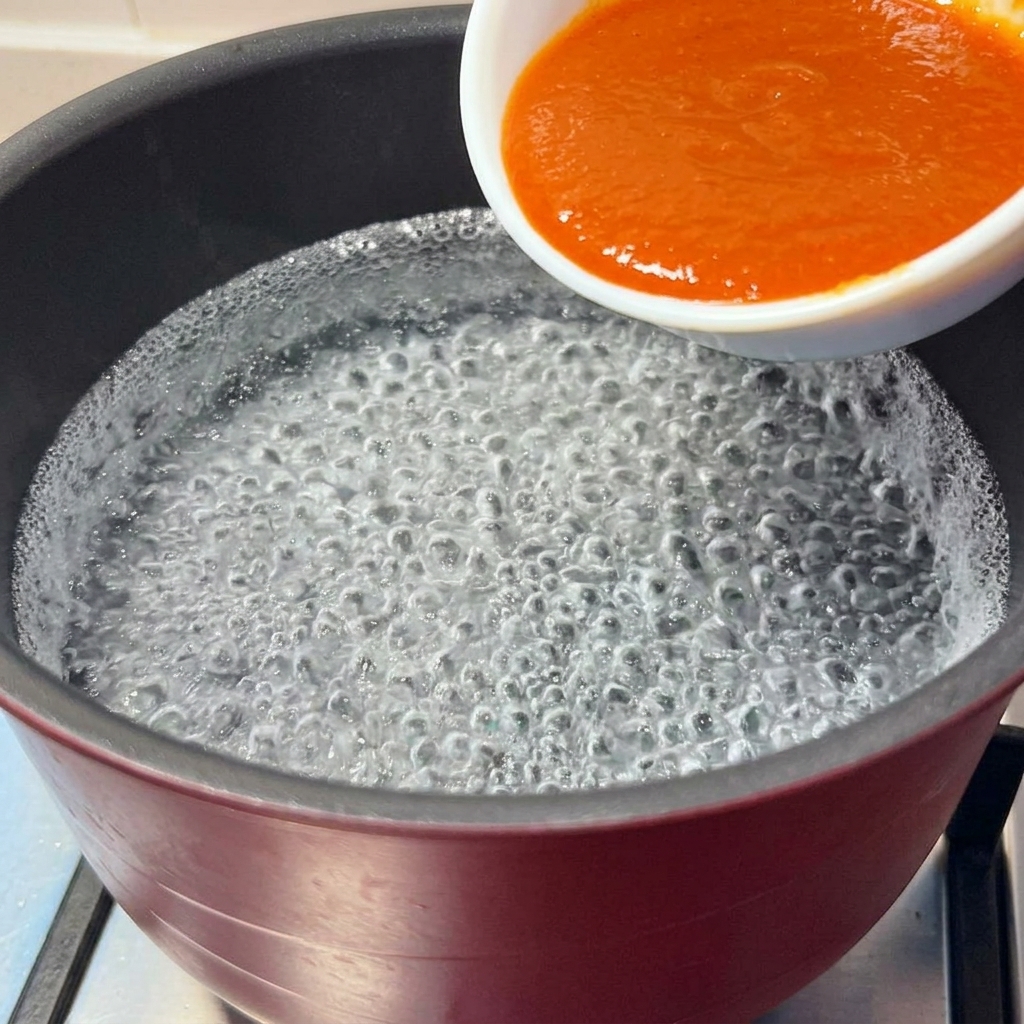 The reddish-orange miso sauce mixture being poured from a small white bowl into a pot of boiling water.