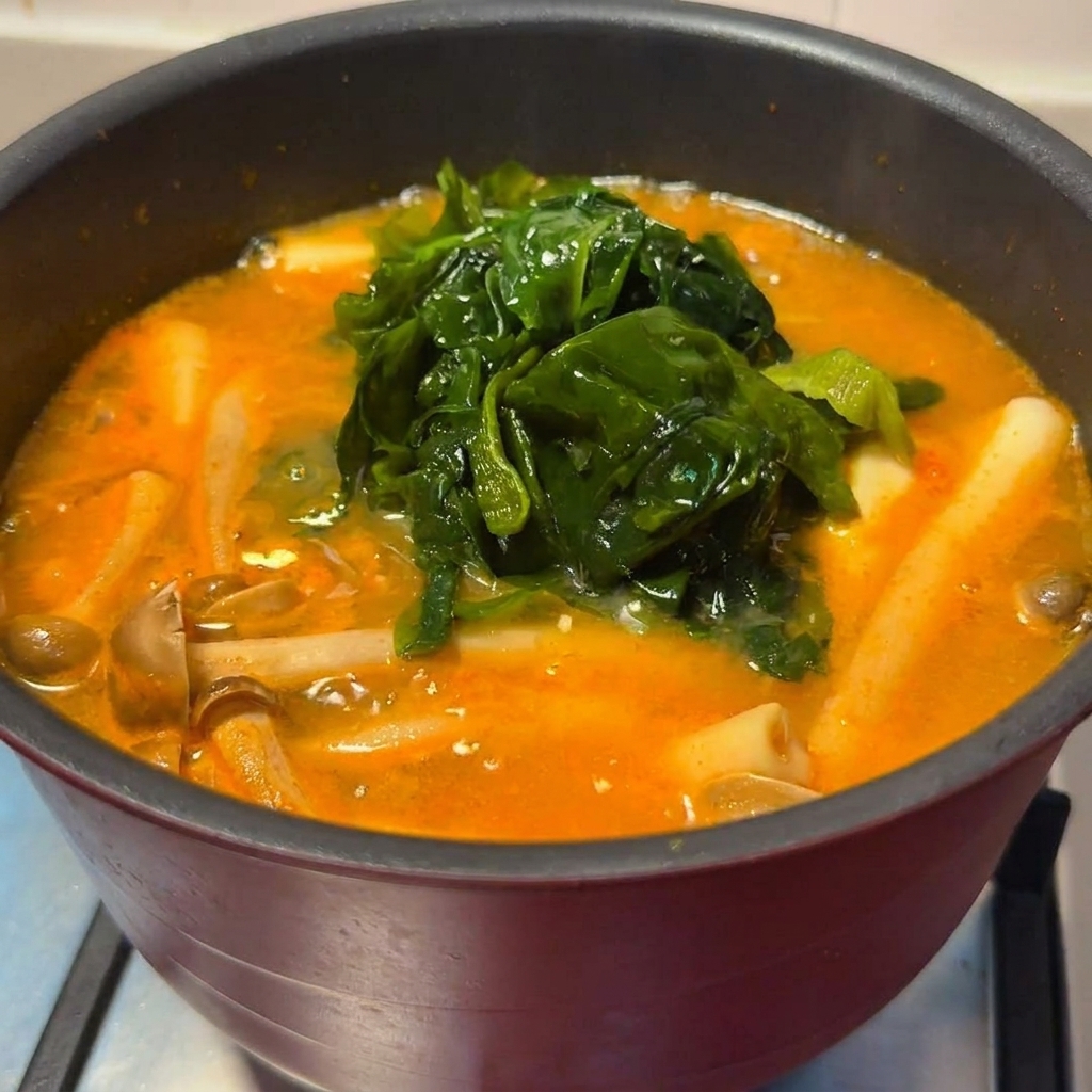 Shimeji mushrooms and soft wakame seaweed simmering in a spicy reddish-orange miso broth.