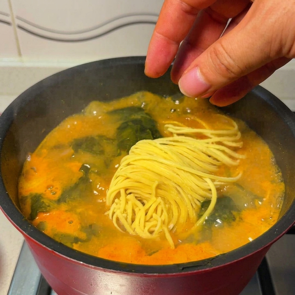 Fresh yellow ramen noodles being added to the boiling soup pot.