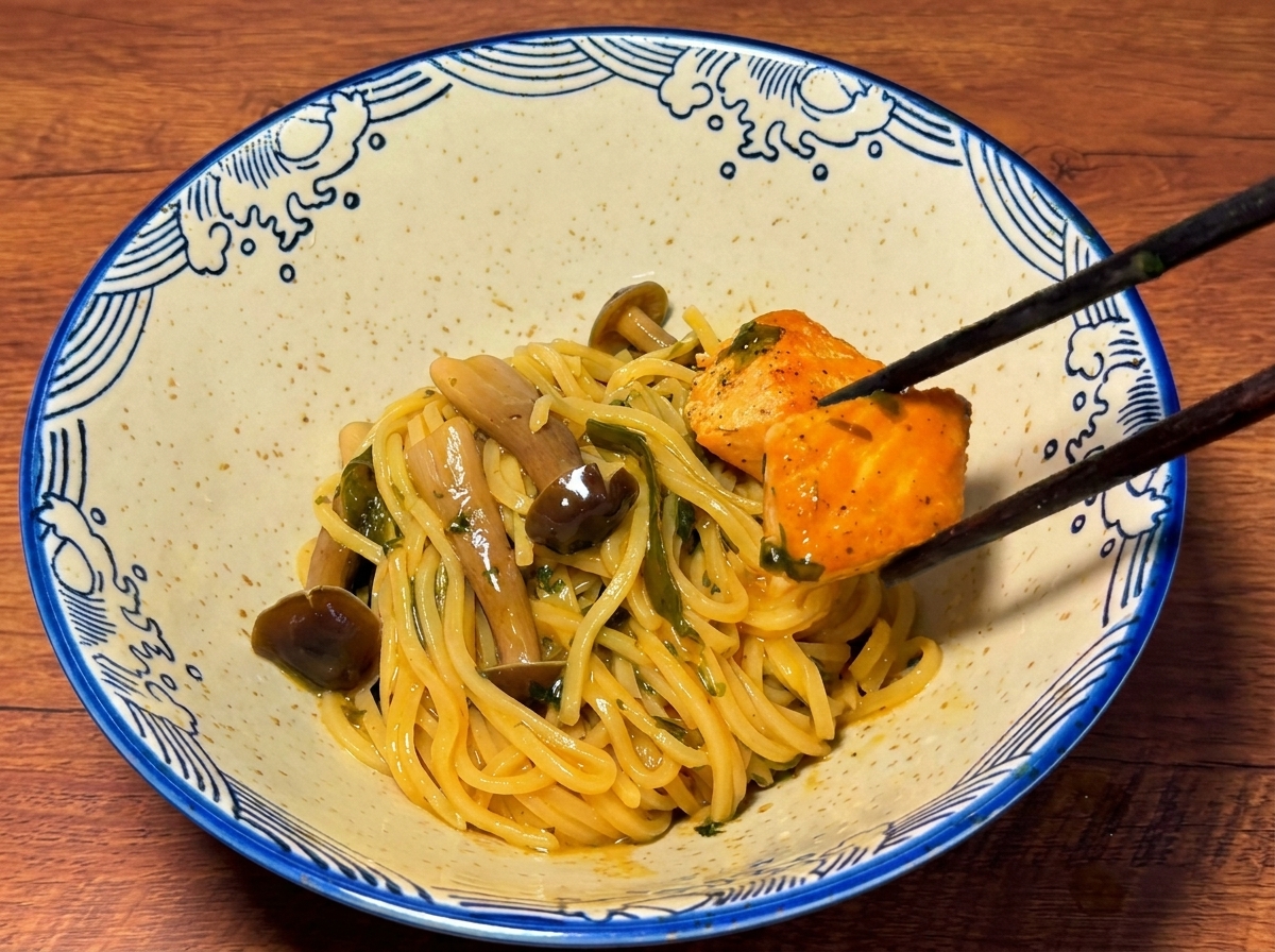 Chopsticks placing cooked salmon and noodles into a patterned Japanese-style bowl.