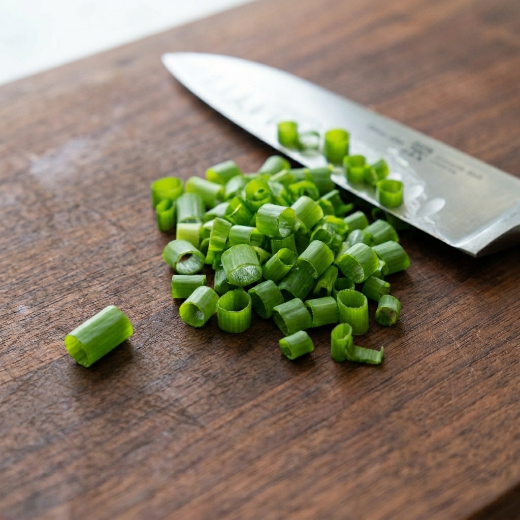 Finely chopped green onion tops spread out on a wooden cutting board next to a sharp chefs knife.
