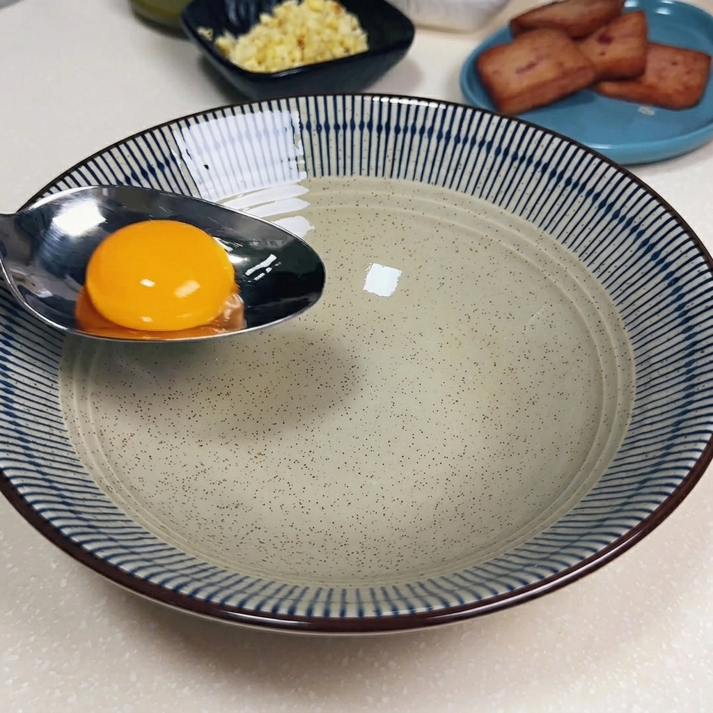 A bowl containing an egg yolk, minced garlic, chopped green onions, mayonnaise, and seasoning powder, ready to be mixed.