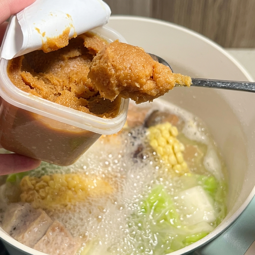 Miso paste being dissolved into the boiling broth through a metal strainer.