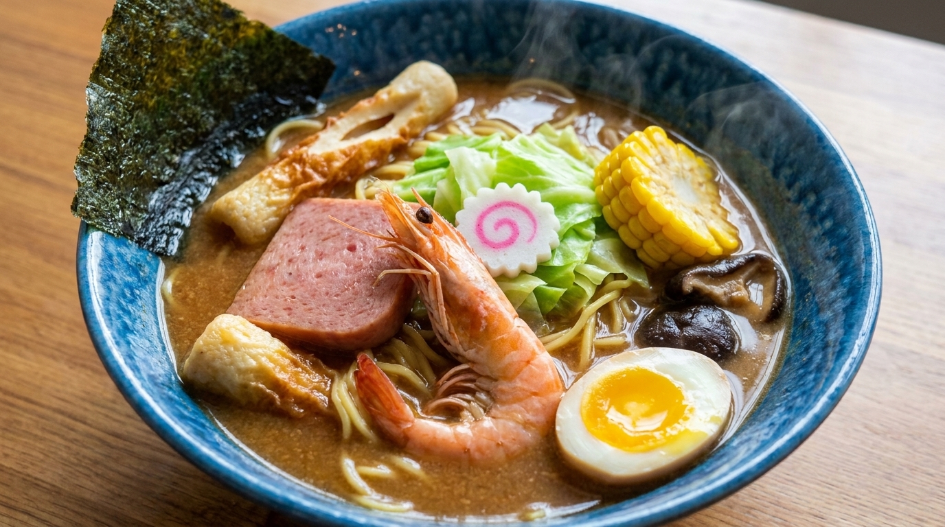 Classic Miso Ramen with Shrimp and Luncheon Meat