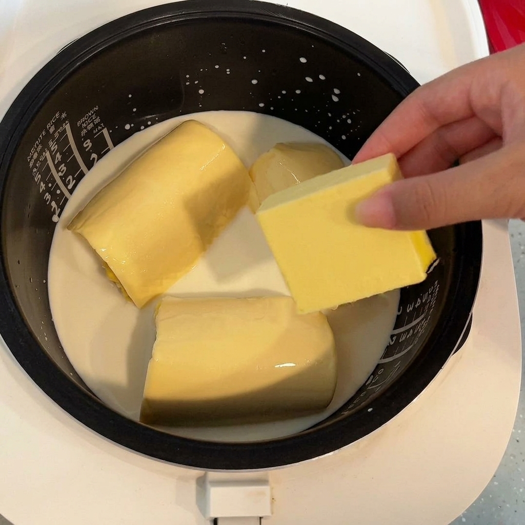 A square chunk of yellow butter resting on top of the corn and milk mixture in a rice cooker.