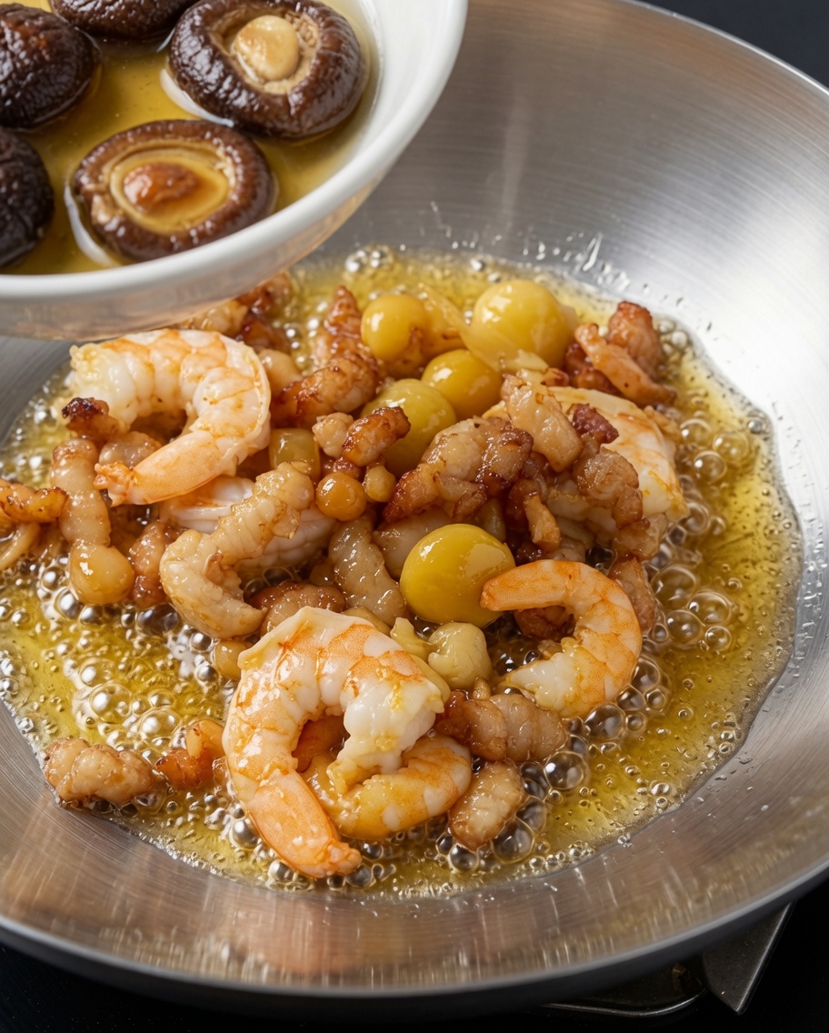 Rehydrated shiitake mushrooms and their golden soaking liquid being poured into the wok with the stir-fried seafood.