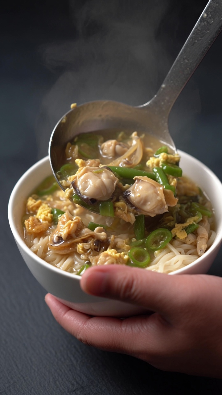 A comforting bowl of clam noodle soup featuring fresh clam meat, long beans, and softly scrambled eggs in a savory broth.