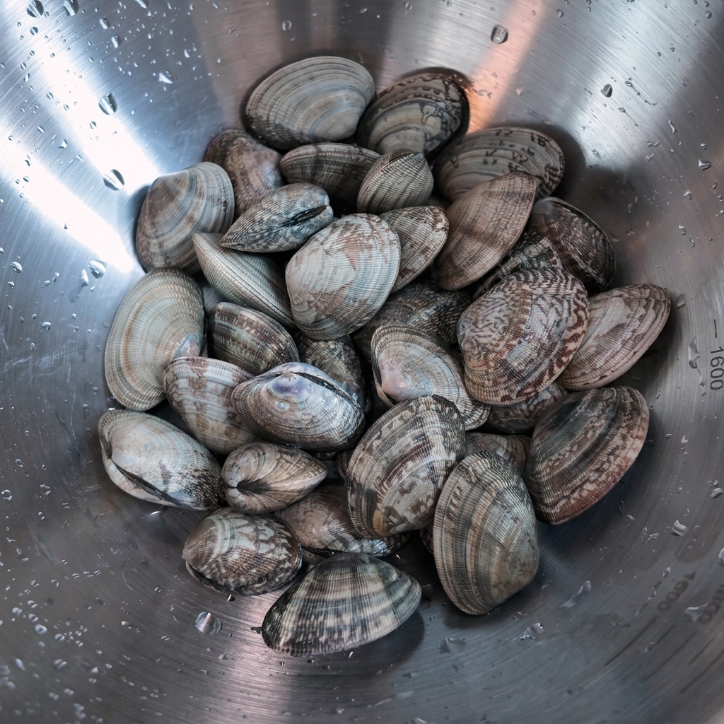 A stainless steel bowl filled with fresh clams covered in water droplets.